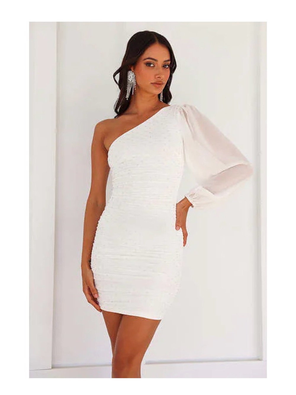 Hello Molly One-Shoulder White Mini Dress with Sheer Puff Sleeve